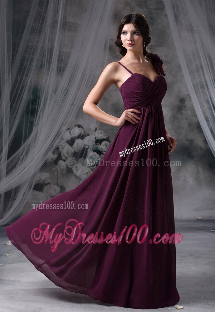 Hand Flowers Straps Dark Purple Bridesmaid Dresses Chiffon Column