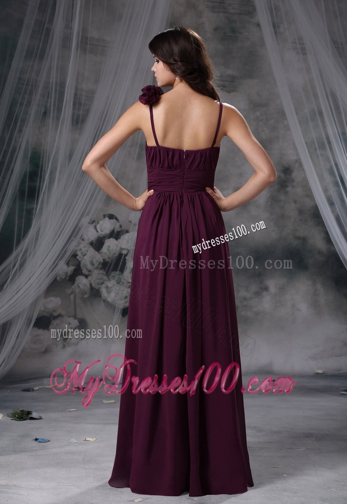 Hand Flowers Straps Dark Purple Bridesmaid Dresses Chiffon Column