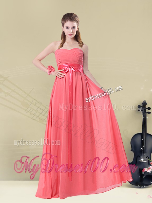 Sweetheart Watermelon Long Bridesmaid Dress with Bow Belt