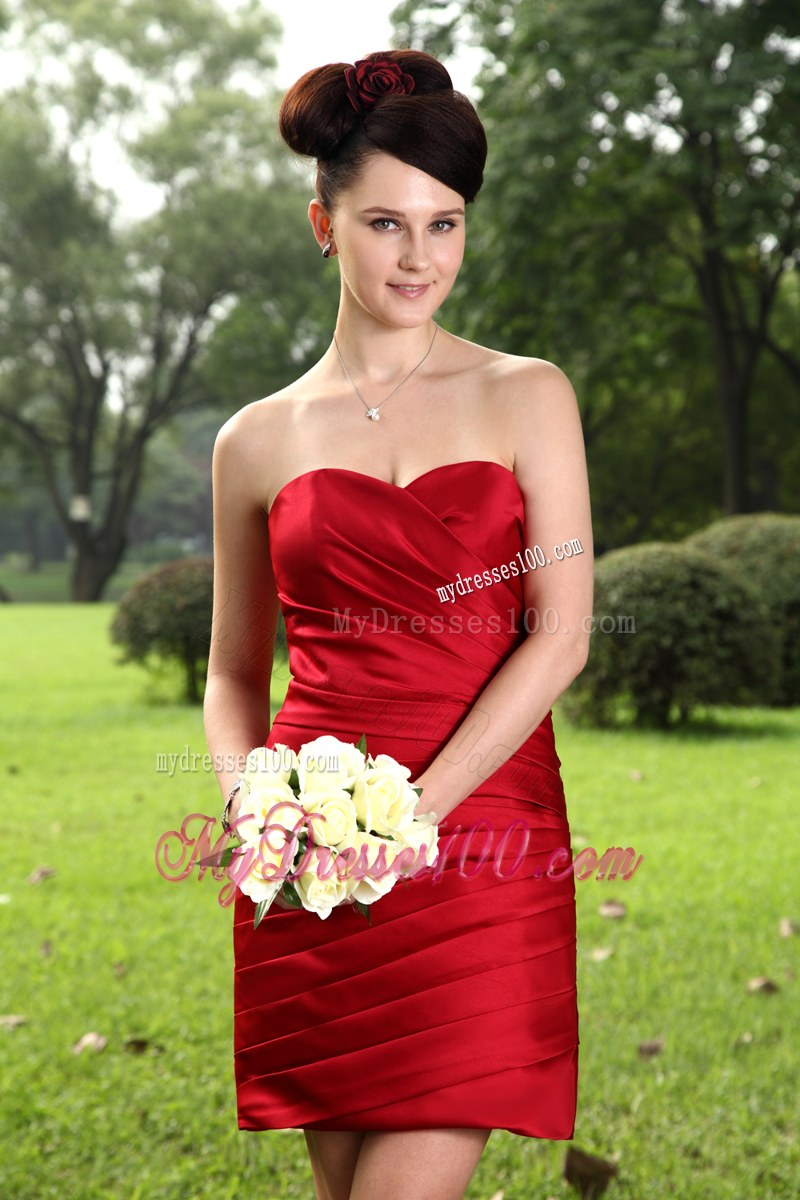 Sweetheart Mini-length Taffeta Red with Ruching Bridemaid Dress