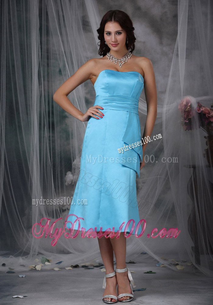 Aqua Blue Column Strapless Tea-length Taffeta Ruche Bridemaid Dress