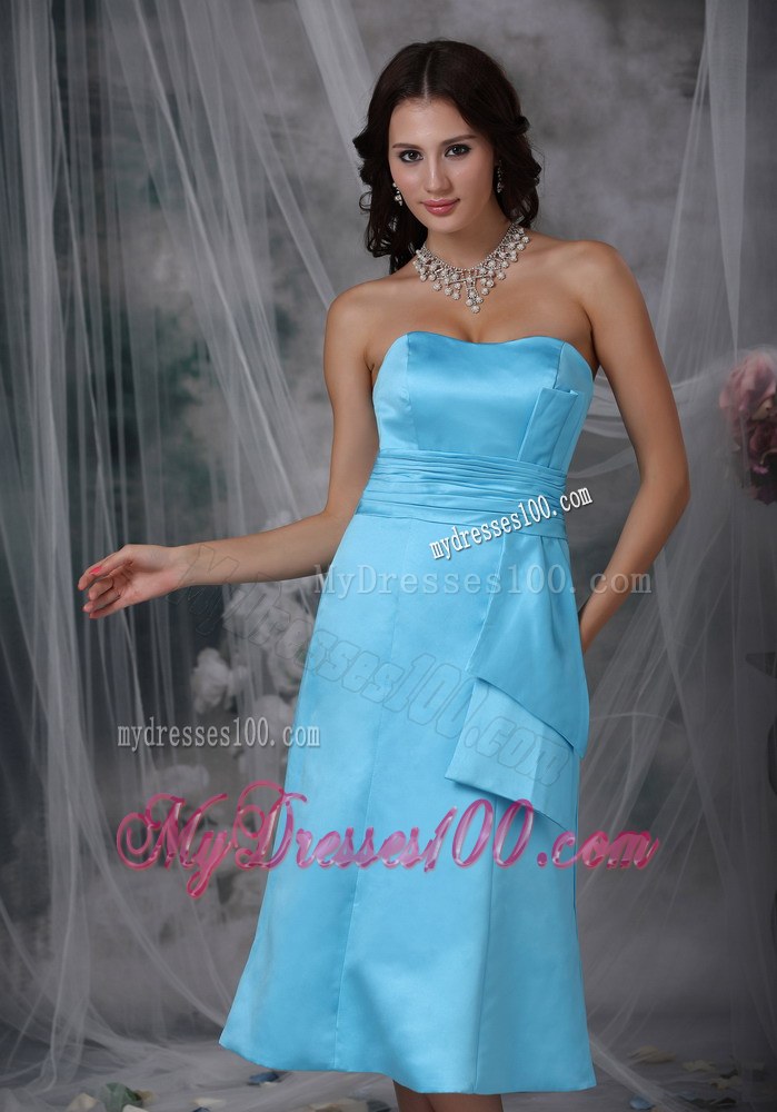 Aqua Blue Column Strapless Tea-length Taffeta Ruche Bridemaid Dress