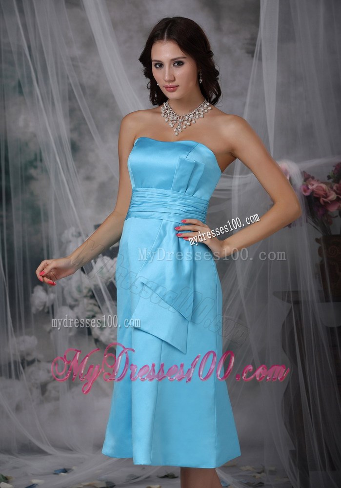 Aqua Blue Column Strapless Tea-length Taffeta Ruche Bridemaid Dress