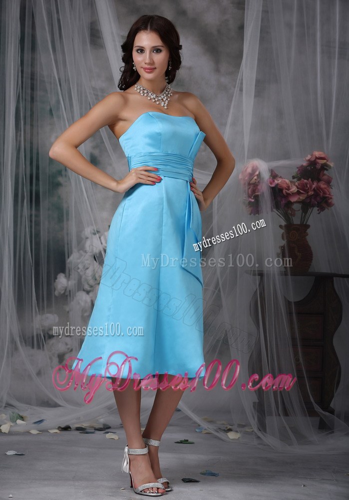 Aqua Blue Column Strapless Tea-length Taffeta Ruche Bridemaid Dress