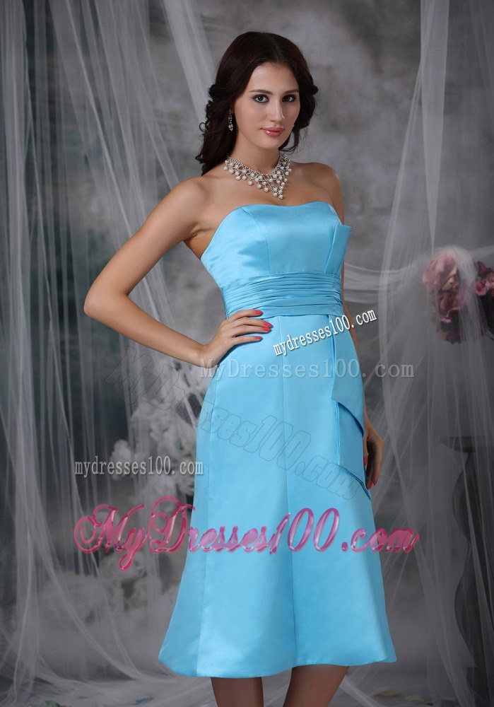 Aqua Blue Column Strapless Tea-length Taffeta Ruche Bridemaid Dress