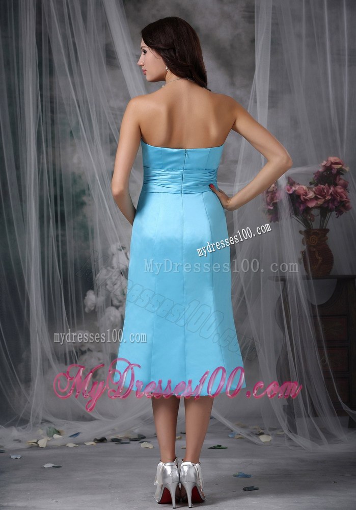 Aqua Blue Column Strapless Tea-length Taffeta Ruche Bridemaid Dress