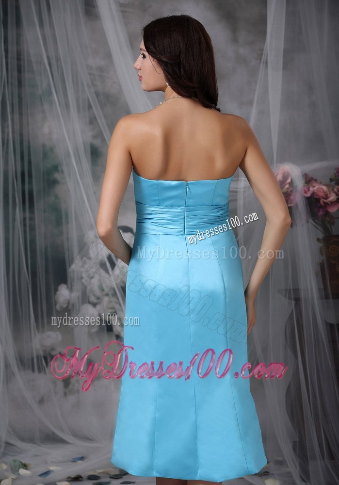 Aqua Blue Column Strapless Tea-length Taffeta Ruche Bridemaid Dress