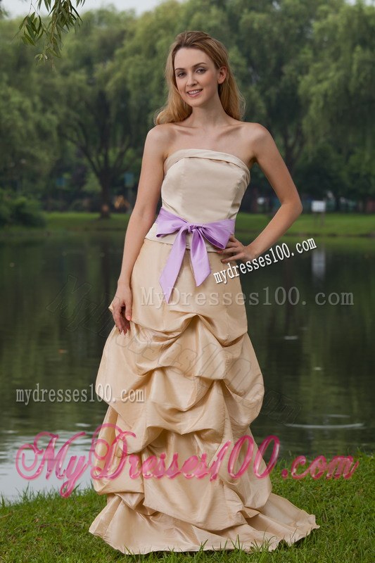 Column Strapless Champagne Brush Train Sash Bridesmaid Dresses Taffeta
