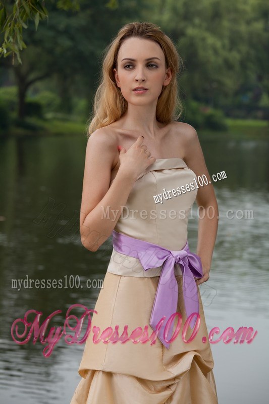 Column Strapless Champagne Brush Train Sash Bridesmaid Dresses Taffeta