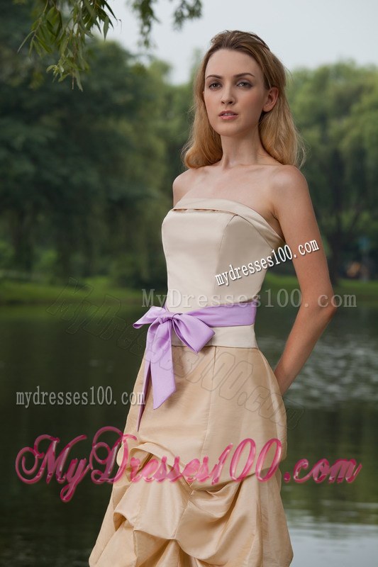 Column Strapless Champagne Brush Train Sash Bridesmaid Dresses Taffeta