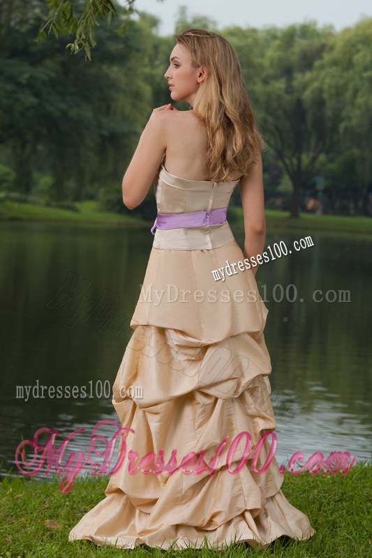 Column Strapless Champagne Brush Train Sash Bridesmaid Dresses Taffeta