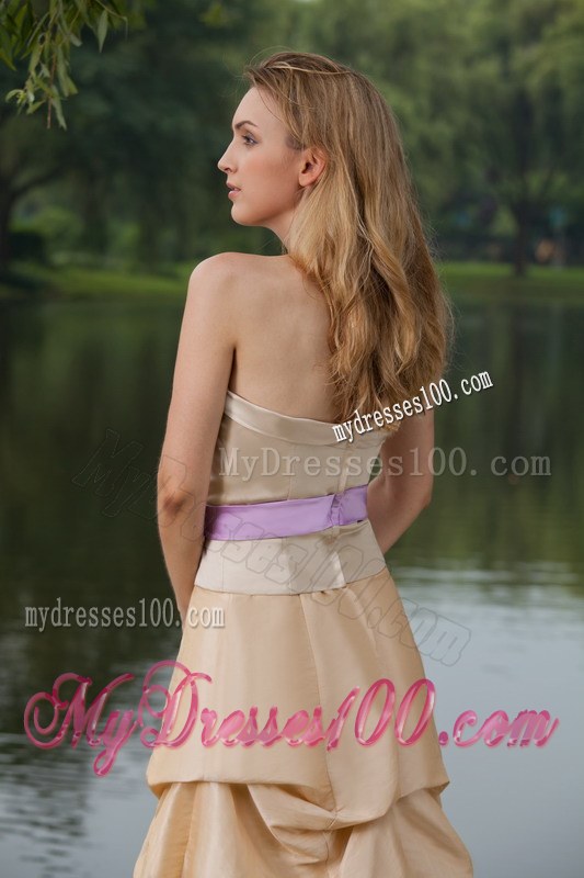 Column Strapless Champagne Brush Train Sash Bridesmaid Dresses Taffeta