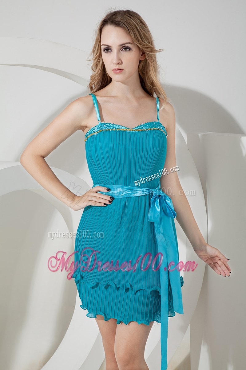 Spaghetti Straps Teal Column Beading and Bow Short Bridesmaid Dress