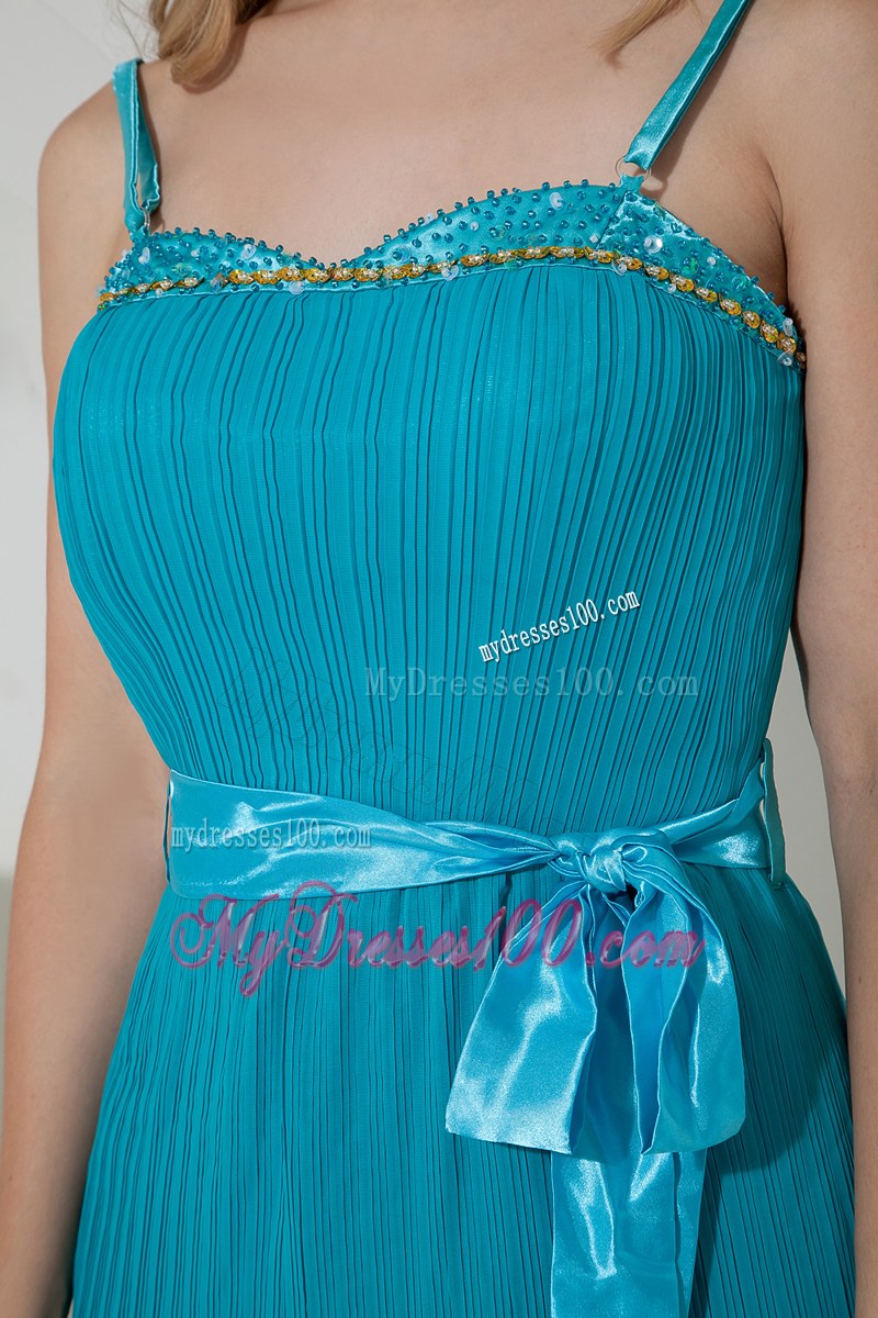 Spaghetti Straps Teal Column Beading and Bow Short Bridesmaid Dress