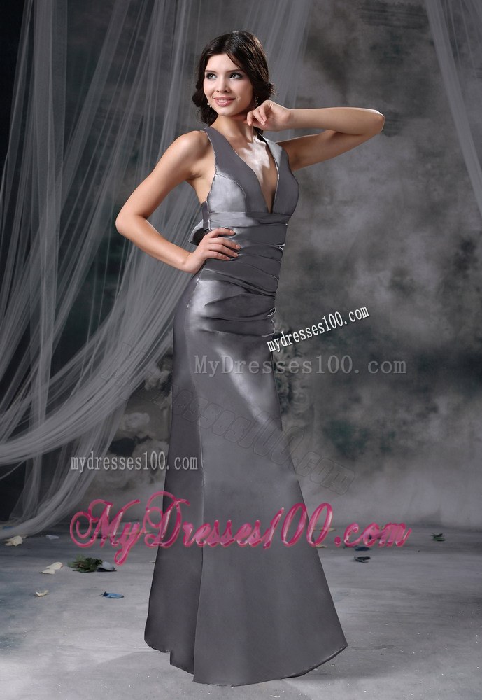 Criss Cross V-neck Grey Floor-length Satin Satin Bridesmaid Dresses