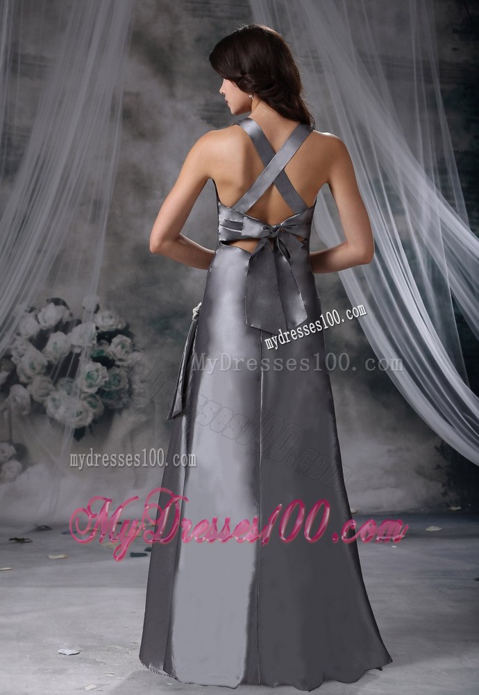 Criss Cross V-neck Grey Floor-length Satin Satin Bridesmaid Dresses