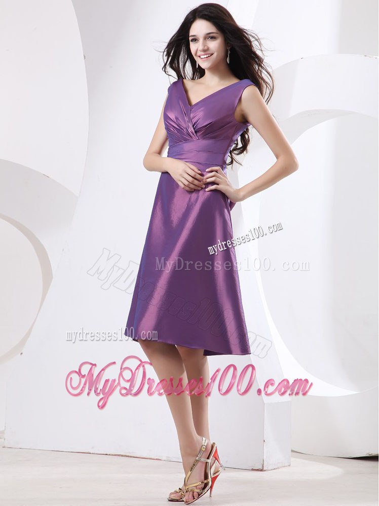 V-neck Purple Knee-length Bridesmaid Dress With Ruche and Bow