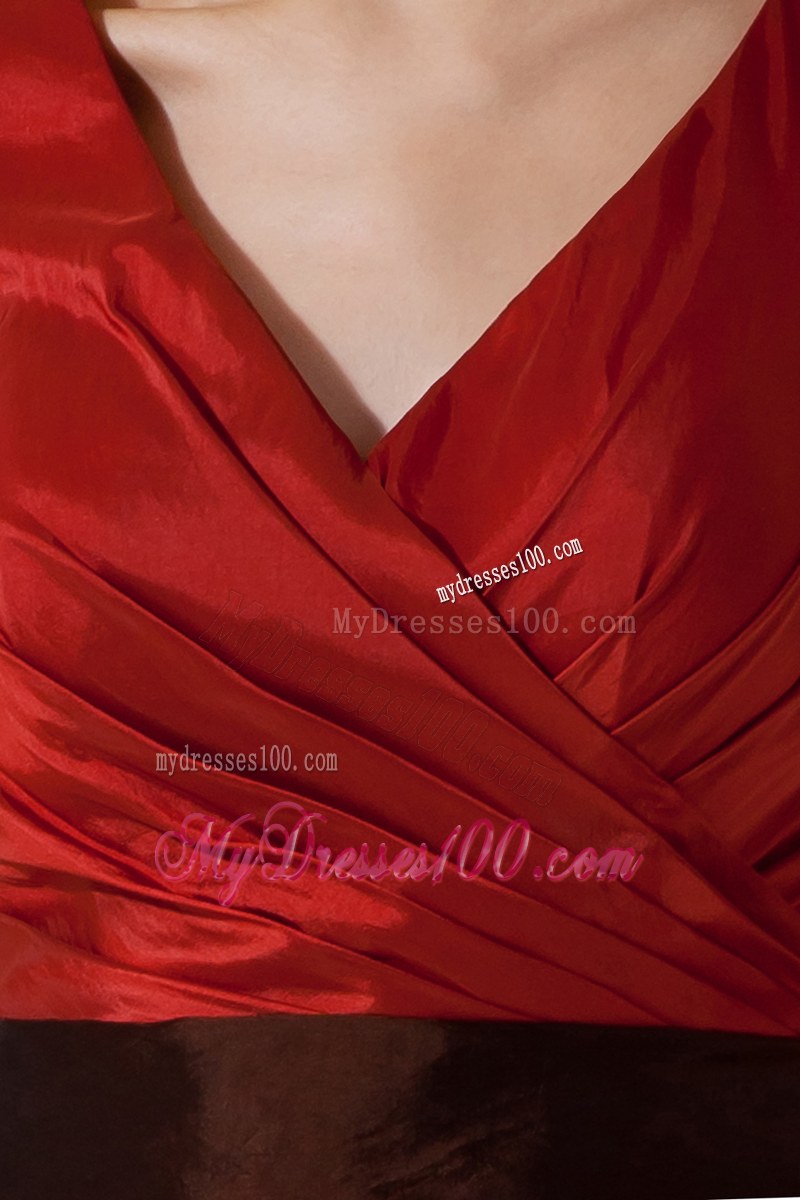 V-neck Red Column Bridesmaid Dress Mini-length Taffeta Black Sash