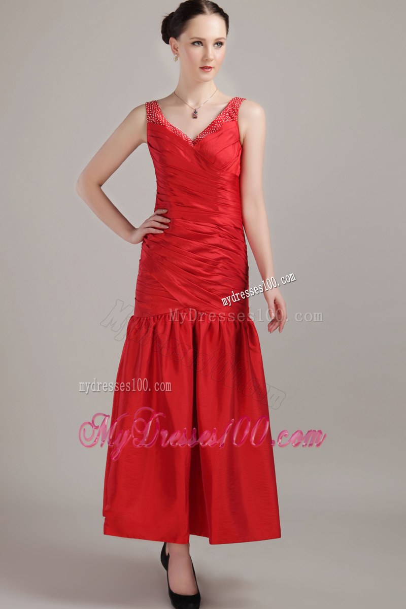 V-neck Tea-length Red Column Taffeta Bridesmaid Dress with Straps