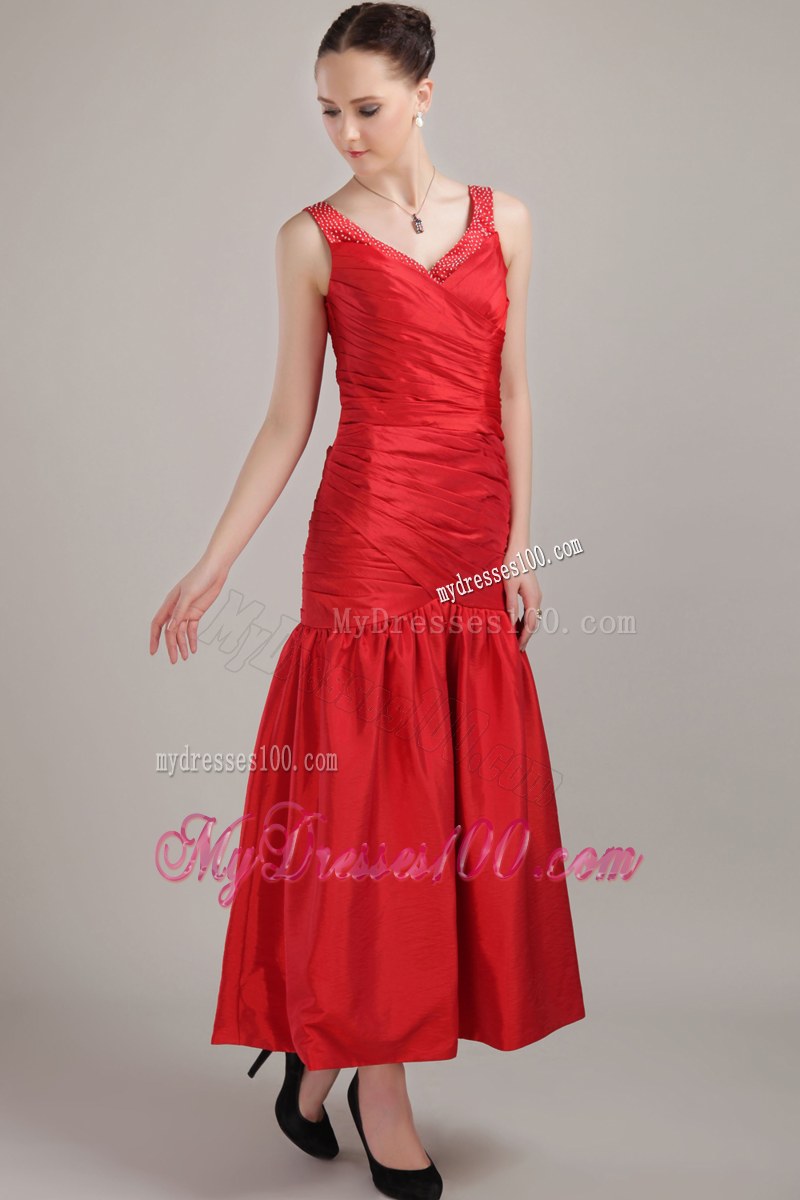 V-neck Tea-length Red Column Taffeta Bridesmaid Dress with Straps
