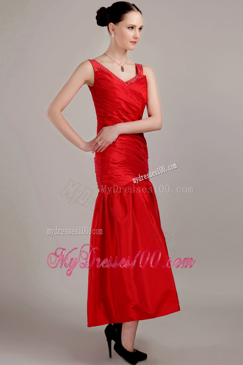 V-neck Tea-length Red Column Taffeta Bridesmaid Dress with Straps