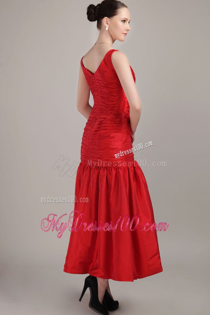 V-neck Tea-length Red Column Taffeta Bridesmaid Dress with Straps