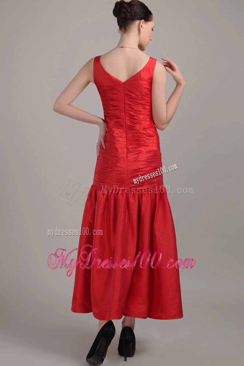 V-neck Tea-length Red Column Taffeta Bridesmaid Dress with Straps