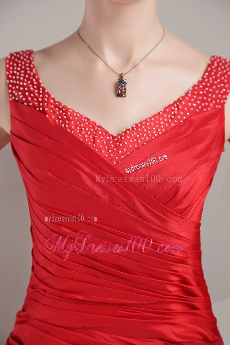 V-neck Tea-length Red Column Taffeta Bridesmaid Dress with Straps