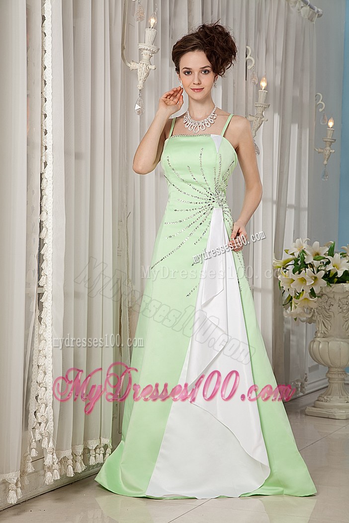 Yellow Green A-line Bridesmaid Dresses Straps Satin Beading Brush Train