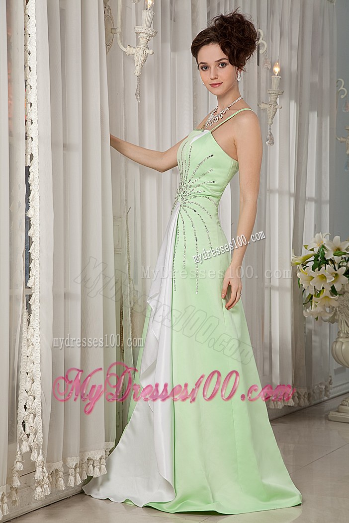 Yellow Green A-line Bridesmaid Dresses Straps Satin Beading Brush Train