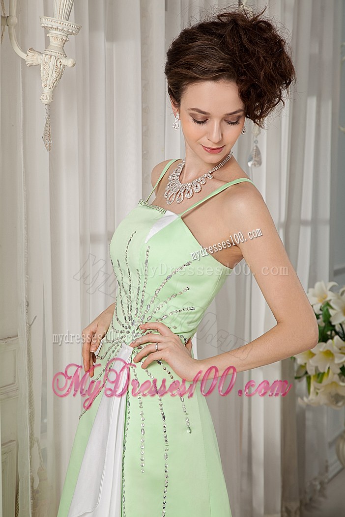 Yellow Green A-line Bridesmaid Dresses Straps Satin Beading Brush Train