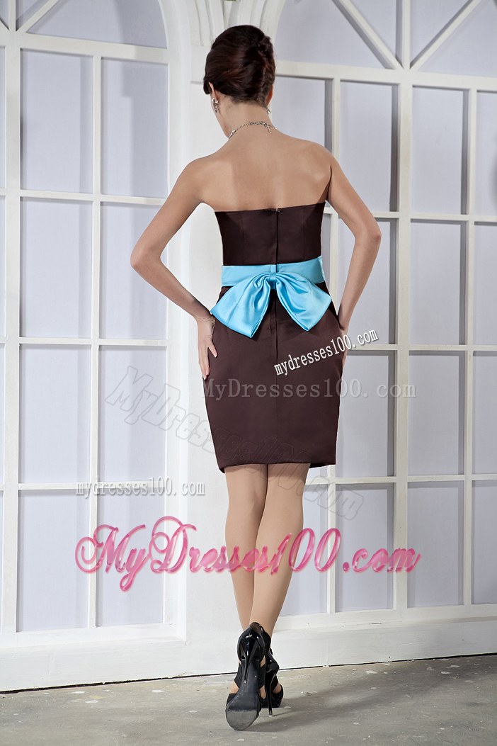 Sweetheart Mini-length Brown Column Bow Bridesmaid Dresses Satin