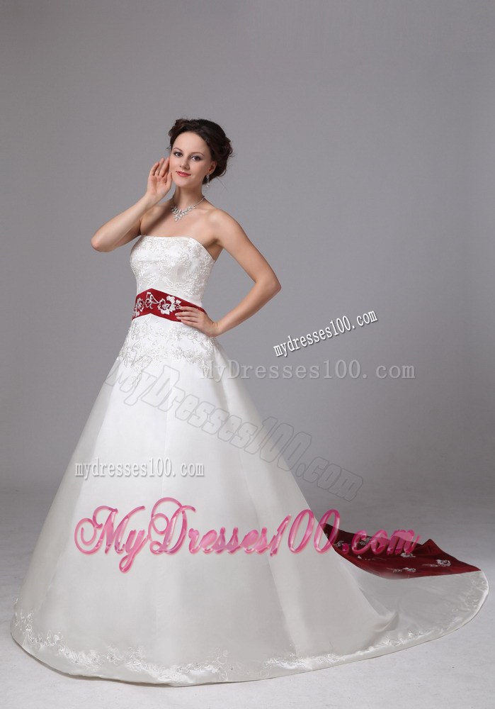 Classic White and Wine Red Dresses for Wedding with Chapel Train