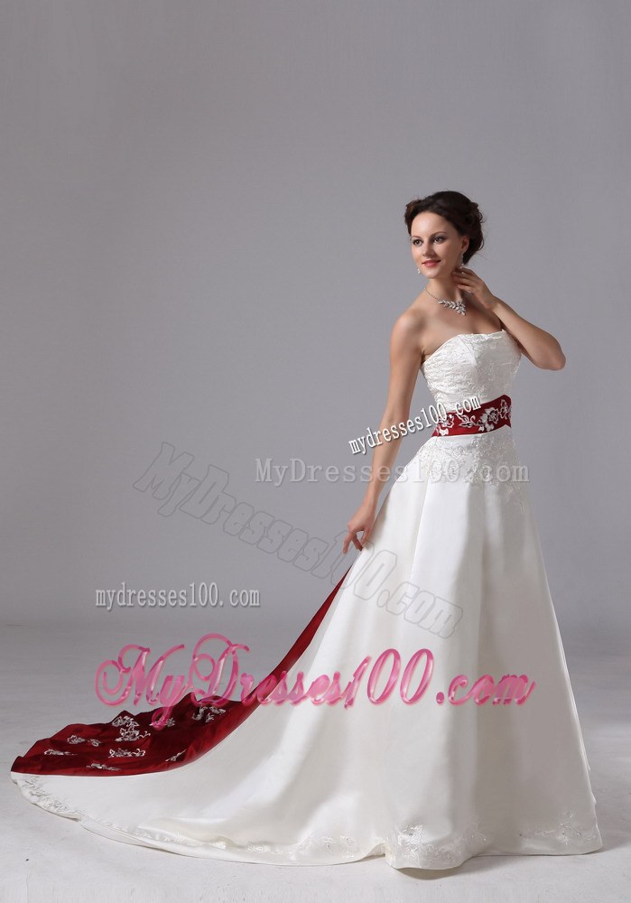 Classic White and Wine Red Dresses for Wedding with Chapel Train