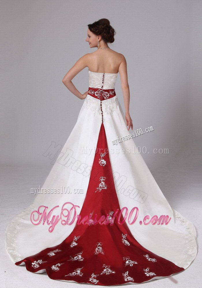 Classic White and Wine Red Dresses for Wedding with Chapel Train