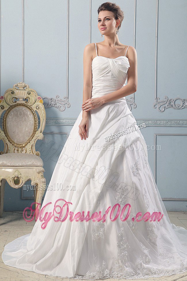 Ruched Bodice for Puffy A-line Lace Wedding Dresses with Spaghetti Straps