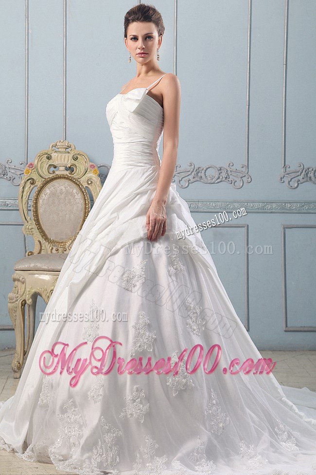 Ruched Bodice for Puffy A-line Lace Wedding Dresses with Spaghetti Straps