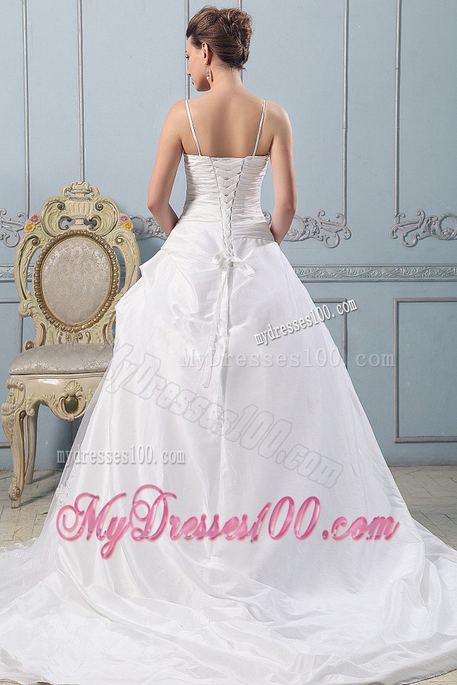 Ruched Bodice for Puffy A-line Lace Wedding Dresses with Spaghetti Straps