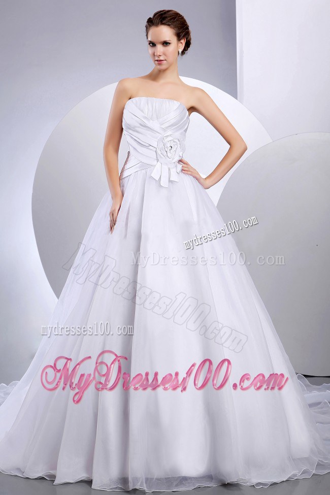 Strapless Cathedral Train Wedding Gown with Hand Made Flower and Ruche