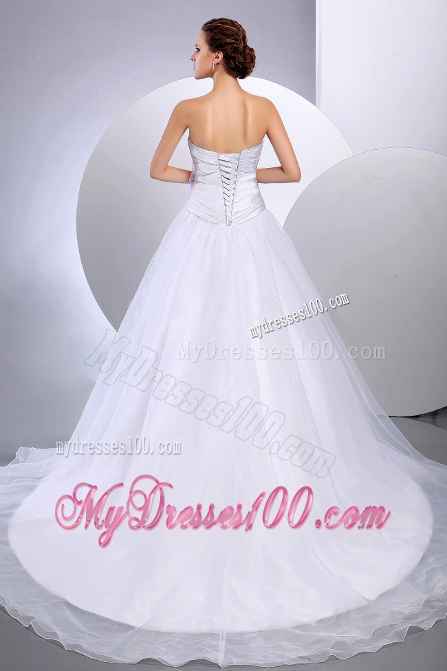 Strapless Cathedral Train Wedding Gown with Hand Made Flower and Ruche