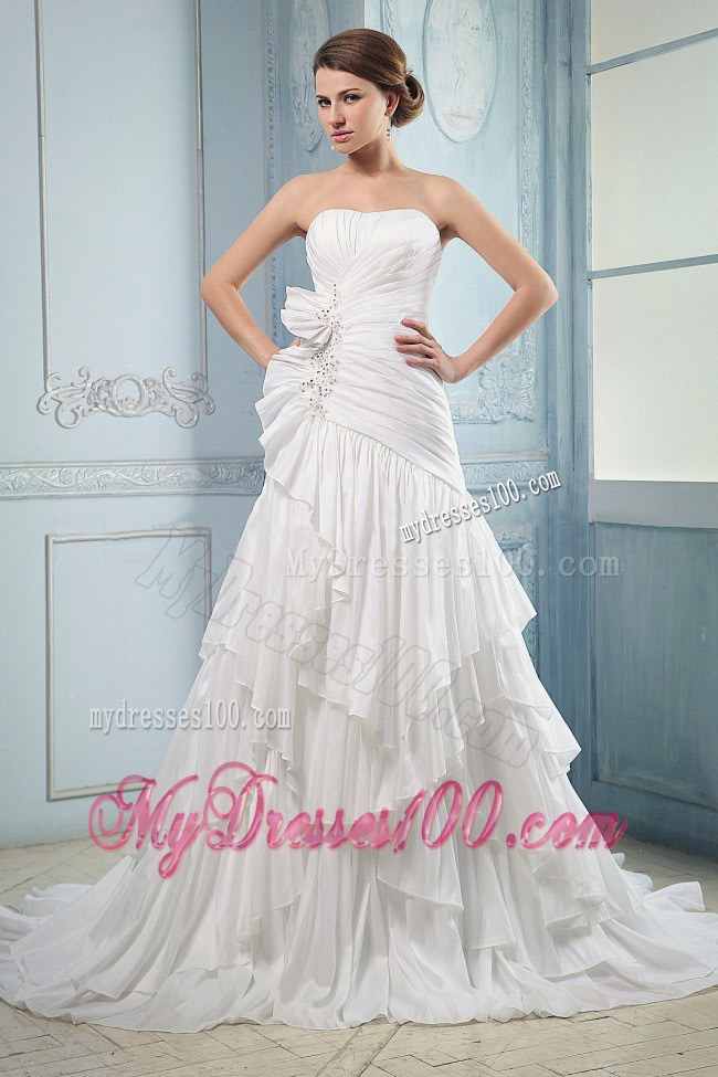 Beaded Court Train Bridal Weeding Dresses with Ruching and Ruffled Layers