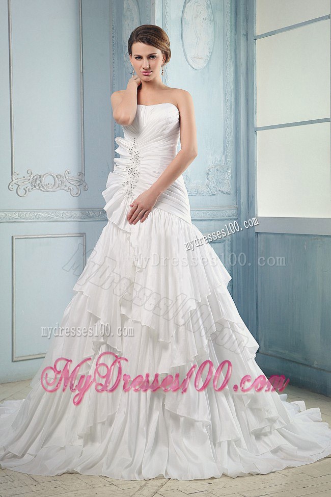 Beaded Court Train Bridal Weeding Dresses with Ruching and Ruffled Layers