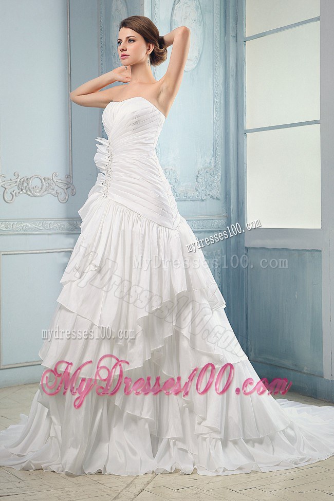 Beaded Court Train Bridal Weeding Dresses with Ruching and Ruffled Layers
