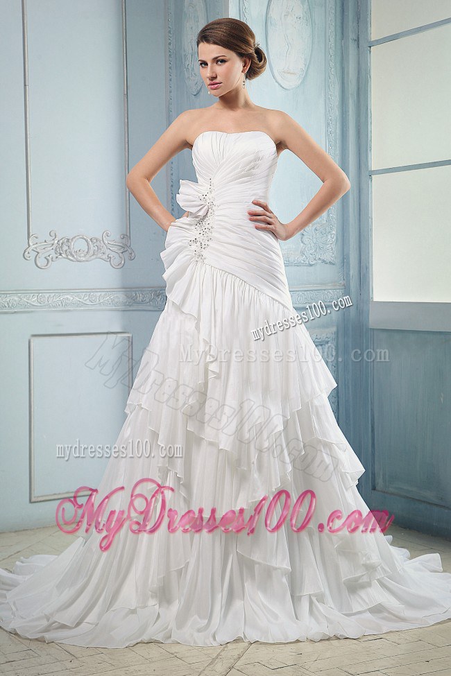 Beaded Court Train Bridal Weeding Dresses with Ruching and Ruffled Layers