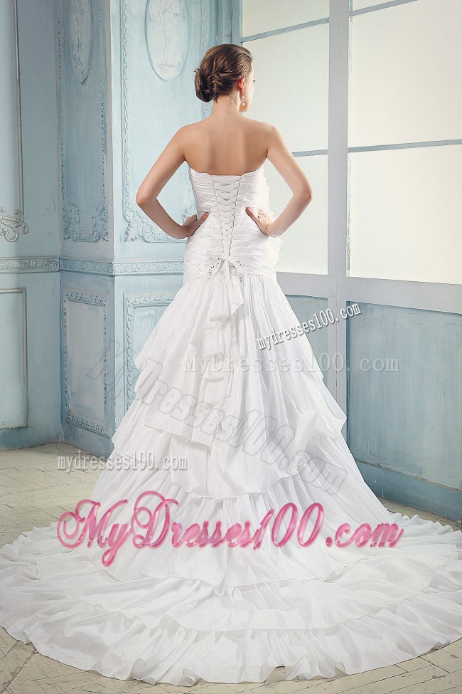 Beaded Court Train Bridal Weeding Dresses with Ruching and Ruffled Layers
