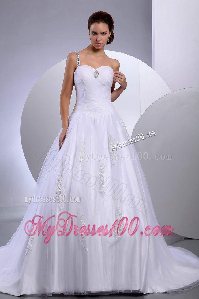 Puffy Chapel Train One Shoulder Tulle wedding Dress with Appliques