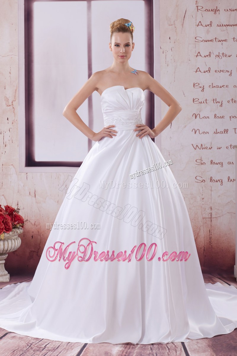 Ruching Puffy Bridal Dress with Court Train and Beaded and Appliqued Sash