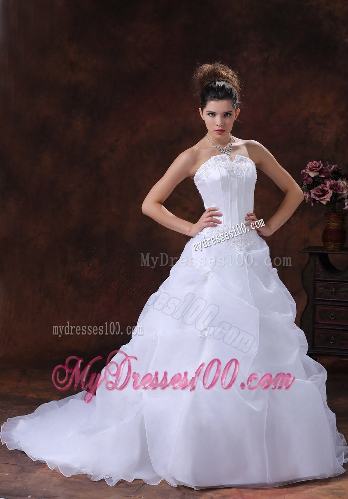 White Wedding Dress Pick-up Layers Corset Back Appliques Court Train
