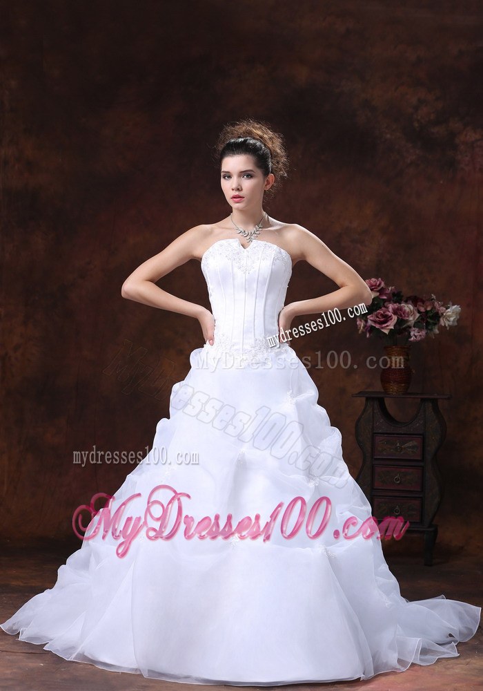 White Wedding Dress Pick-up Layers Corset Back Appliques Court Train
