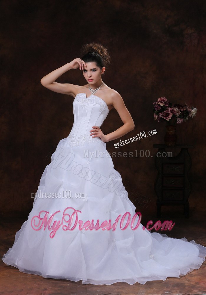 White Wedding Dress Pick-up Layers Corset Back Appliques Court Train
